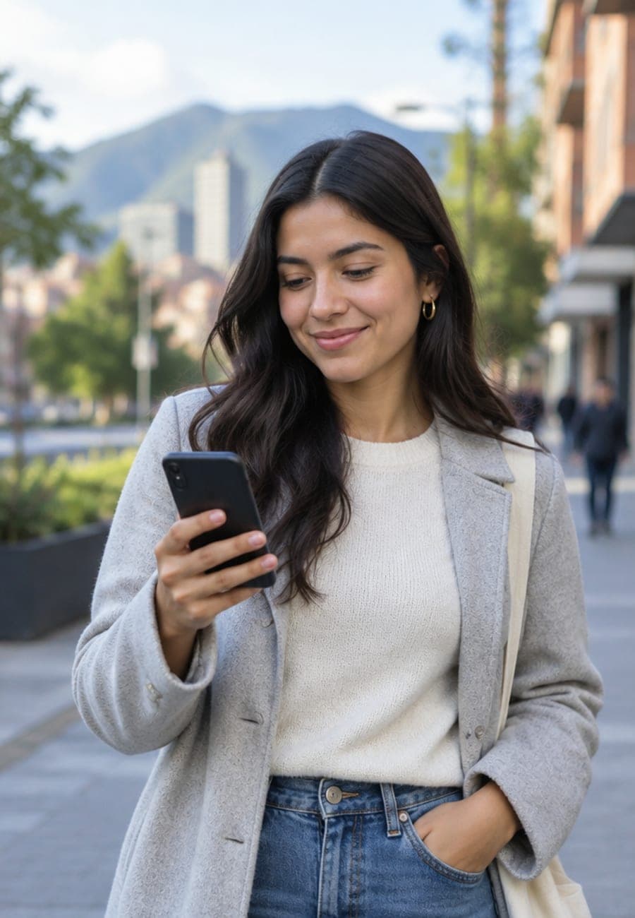 Mujer joven sonriendo mientras mira su teléfono en una calle de la ciudad